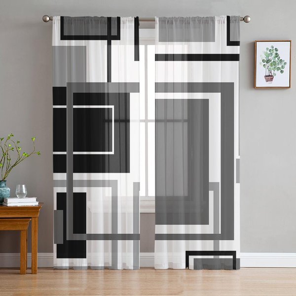 Abstrakcyjne Geometryczne Kwadraty Czarne Szare Przezroczyste ZasłOny Do Dekoracji Salonu ZasłOny Okienne Kuchenne Tiulowe Woalowe ZasłOny W135 X H137Cm X1 Black-image