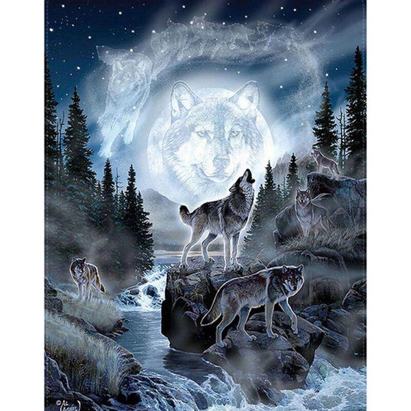 Bordado De Diamantes De Taladro Redondo Completo Lobo Junto Al Lago 5D DIY Pintura De Diamantes Punto De Cruz PedreríA 20X30CM-image