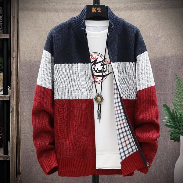 Zimowy MęSki Sweter Kardigan Patchworkowy KołNierz StóJka Swobodny Zamek BłYskawiczny Dzianinowy Gruby CiepłY Sweter M Ciemnoniebieski-image
