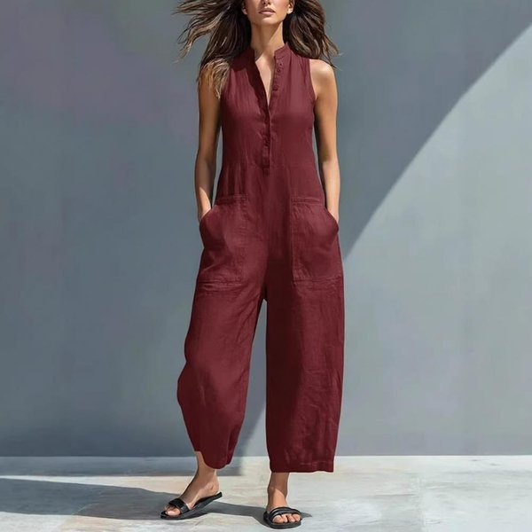 Mono De Verano Para Mujer De AlgodóN Y Lino Sin Mangas, Con Botones, Cuello Mao, Holgado, De Una Sola Pieza, Mono Largo De Pierna Ancha Con Bolsillos XL Rojo-image