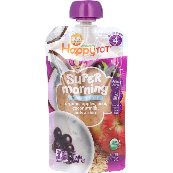 Happy Family Organics, Happy Tot, Super Morning, Sin LáCteos, 2+ AñOs, Manzana OrgáNica, Acai, Leche De Coco Y Avena + ChíA, 4 Oz (113 Gramos)-image