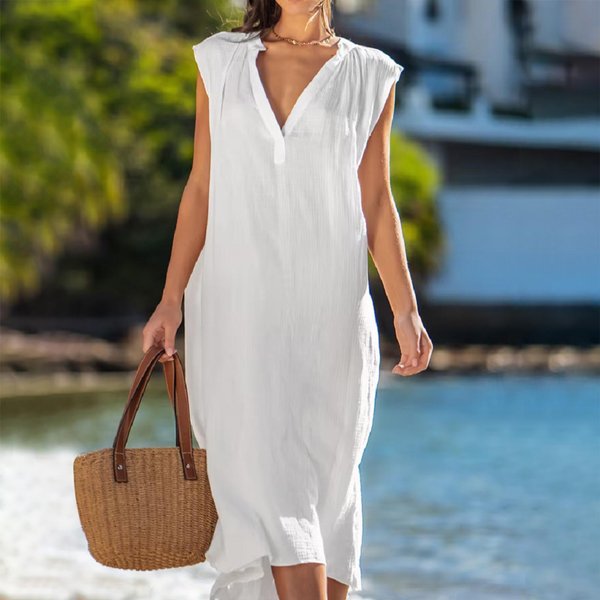 Vestido De Mujer AlgodóN Lino Sin Mangas Color SóLido Holgado Cuello En V Vestido Casual Verano S White-image