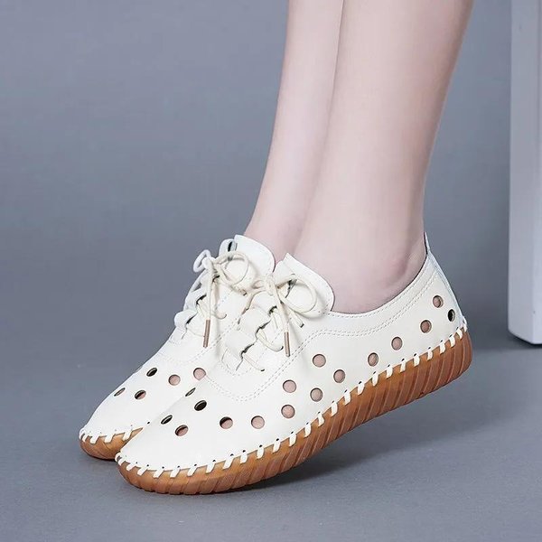 Zapatos De Mujer Calados De Cuero Suave Sandalias De Agujeros De Verano Sandalias De Suela De TendóN Zapatos Casuales Planos Suela Suave Sandalias Para Madre 35 Beige-image