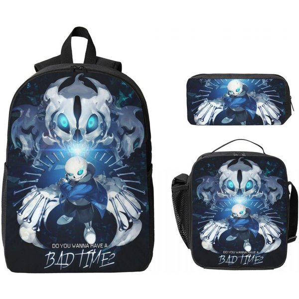 Set De 3 Mochilas Escolares Undertale Sans Para NiñAs NiñOs Estuches Mochilas Con Fiambrera Para Estudiantes DíA Escolar Mochila PequeñA-image