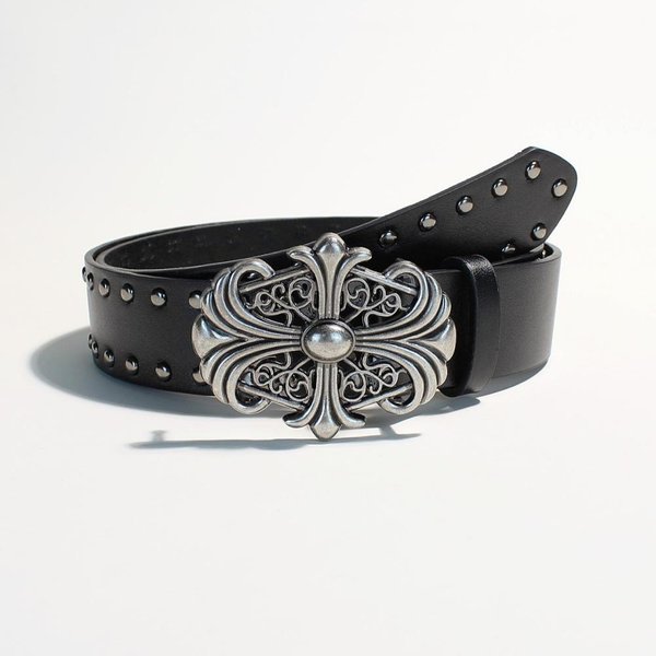 CinturóN Punk De Cuero Negro Con Tachuelas, Hebilla MetáLica De Cruz Grabada Vintage, CinturóN Decorativo GóTico Oscuro 105CM Negro-image