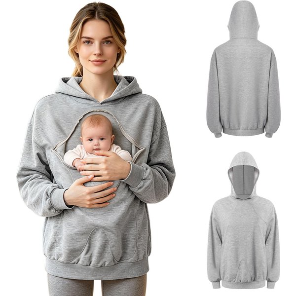 Sudadera Con Capucha Para Lactancia Y Viaje PortabebéS Sudadera De Manga Larga Cremallera Oculta Bolsillo Tipo Canguro Para Mujeres Uso Diario Casual XS Gray-image