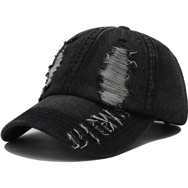 Nueva Gorra De BéIsbol SóLida Rasgada Vaquero Lavado Snapback Hip Hop Transpirable Streetwear Gorras Desgastadas Para Mujeres Hombres (Black,Adjustable) Negro-image