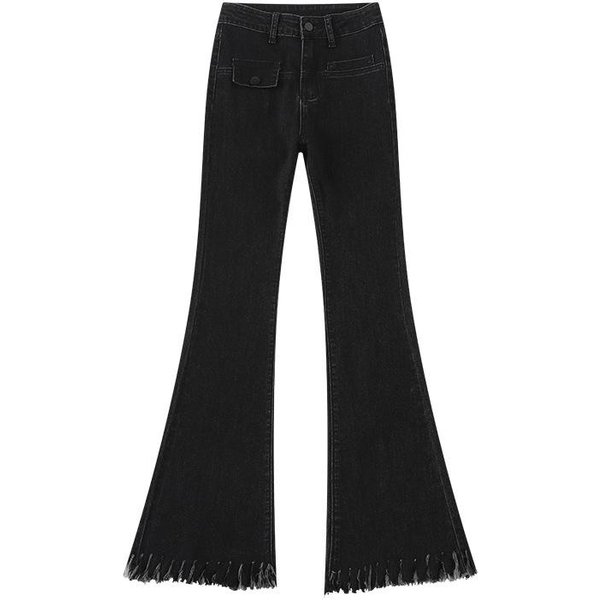 Jeans Negros Acanalados Para Mujer En Primavera Y OtoñO Nuevos De Cintura Alta Ajustados Ajustados Borla Barrer Pantalones De Campana S White-image
