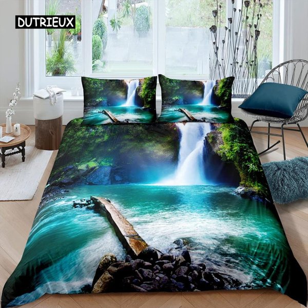 Poszewka Na KołDrę 3D Wodospad Rozmiar King Microfibra WzóR RośLinny Kwiatowy Drzewa Fioletowy Motyw Dream Zestaw PośCieli EU Single(135X200Cm) Blue-image