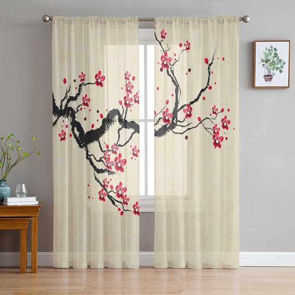 GałąZka Kwiatu WiśNi Kwiatowy Styl ChińSki Przezroczyste ZasłOny Do Dekoracji Salonu ZasłOny Okienne Kuchenne Tiulowe Woalowe ZasłOny W135 X H115Cm X1 White-image