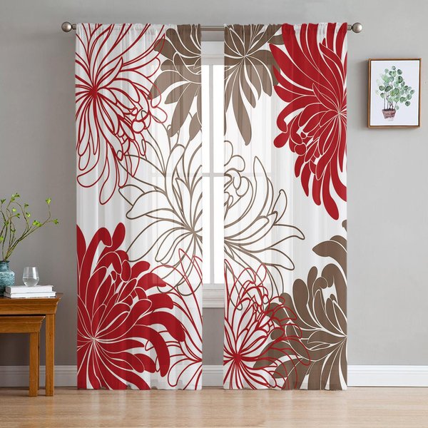 Kwiatowe Czerwone Chryzantemy Przezroczyste ZasłOny Do Dekoracji Salonu ZasłOny Okienne Do Kuchni Tiulowe Woalowe Organzowe ZasłOny W135 X H115Cm X1 White-image