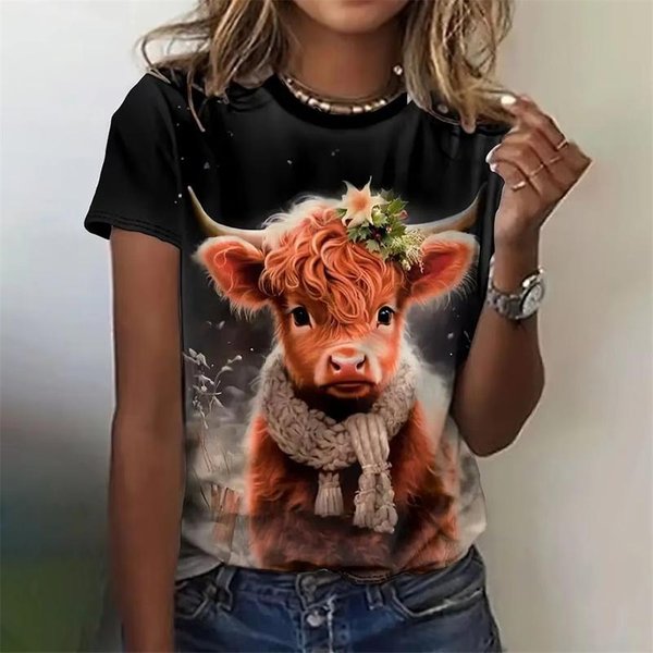 Camiseta Impresa En 3D Con Estampado De Vaca Feliz Para Mujer Camisetas Divertidas De Animales Camisetas De Moda De Verano Manga Corta Cuello Redondo Tops Streetwear 6XL Black-image