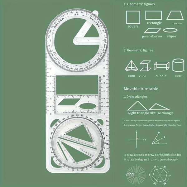 1 Szt. Matematyczna Wielofunkcyjna Linijka Do Rysowania, Linijka Funkcyjna Geometryczna, Linijka TróJkąTna, KąTomierz Przezroczysty-image