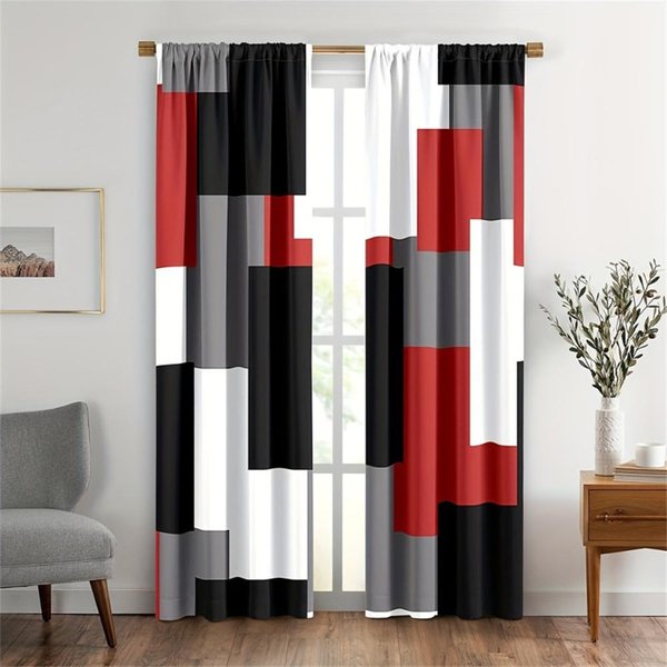2 Piezas Arte GeoméTrico Abstracto Rojo Negro Y Gris DiseñO Moderno Cortinas TranslúCidas Para Sala De Estar Dormitorio DecoracióN De Cortina De Ventana 50W130H(CM) 2Pcs&Grommet Top-image