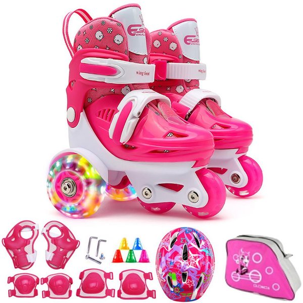 Zapatos De Patinaje Flash Para NiñOs, Conjunto De Zapatos De Patinaje Sobre Ruedas Para Principiantes, Patines Para NiñOs Con Rodilleras Y Coderas S Color Rosa-image