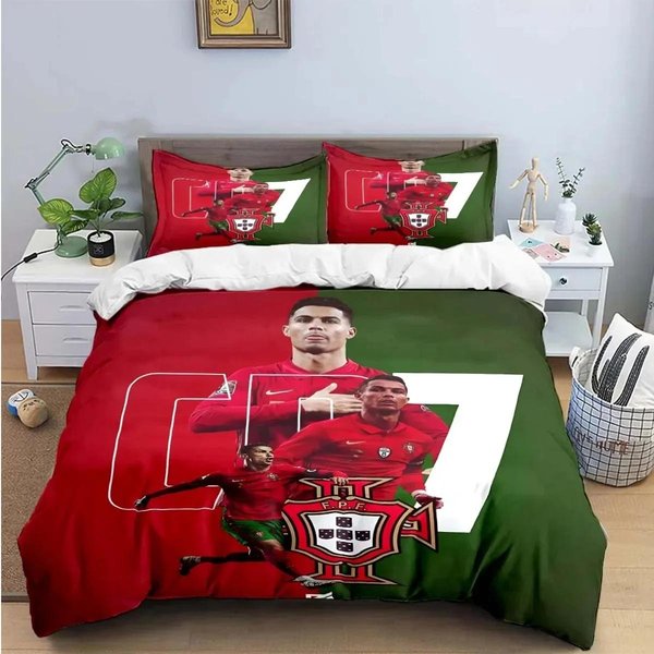 Juego De Cama Cristiano Ronaldo-O Juego De EdredóN Cama Individual, Doble, TamañO King Juego De Cama Funda De EdredóN Funda De Almohada Para Dormitorio De Adultos Y NiñOs AU Queen 210X210Cm-image