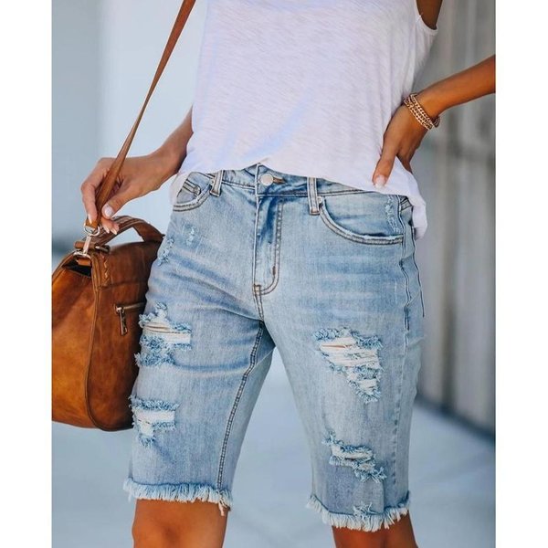 Vaqueros Rasgados De Tiro Medio Para Mujer, Vaqueros Informales Con Cremallera, Pantalones Cortos De Mezclilla Hasta La Rodilla XXL Azul-image