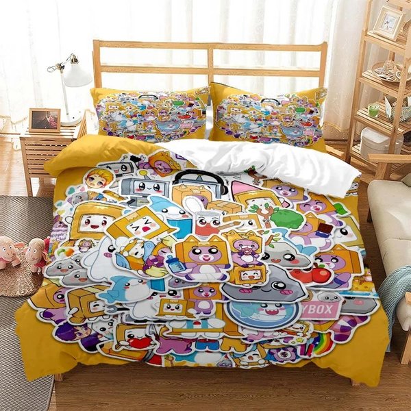 Ropa De Cama Impresa Con DiseñO De Dibujos Animados 3D Foxy Boxy Lankybox DimensióN Queen Juego De Ropa De Cama Juego De Ropa De Cama De TamañO King Size Personalizado Y CóModo EU Single 135X200Cm-image