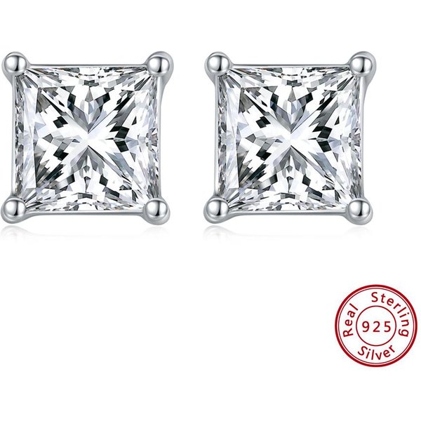 JoyeríA Plata De Ley S925 CláSicos Pendientes De Tuerca Cuadrados De Diamante De Cuatro Garras De Princesa VersáTiles Y A La Moda 925 White-image