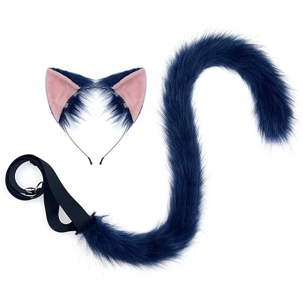 2 Szt./Zestaw Futrzaste Cosplay Uszy Kota Pluszowy Ogon Dla Kobiet Dziewczyn Granatowy Puszysty Anime ZwierzęCe Uszy Ogon Kot ChłOpiec Cos Kostium Akcesoria Ear And Tail-image