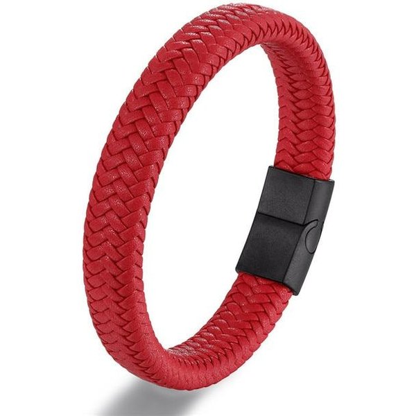 Pulsera De Cuero Punk Para Hombre Negra Acero Inoxidable Cierre MagnéTico Trenzada Tejida Brazalete Pulseras Regalo Para Amantes 22Cm Rojo-image