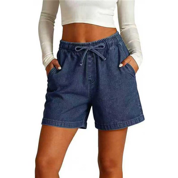 Shorts Vaqueros De Cintura Alta Para Mujer Talla Grande EláSticos Cintura EláStica CordóN Casuales Vaqueros Con Bolsillos Corte Relajado XXL Azul-image