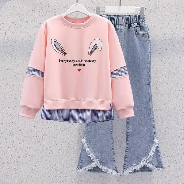 DziewczęCy Casualowy Garnitur Wiosenny Dla Dzieci W śRednim I Starszym Wieku, Jesienny, Z DłUgim RęKawem, OkrąGłYm Dekoltem, Bluza + DżInsy, Zestaw DwuczęśCiowy 160 Gray-image