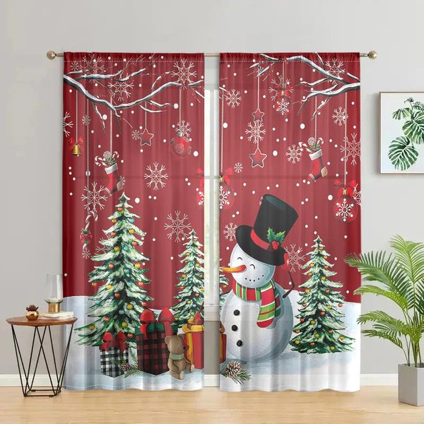 2 Piezas, Cortinas De áRbol De Navidad, MuñEco De Nieve, Copo De Nieve - 30% Opacas - Adecuadas Para Sala De Estar, Dormitorio, Cocina, DecoracióN Del Hogar W150CM H166Cm&Rod Pocket-image
