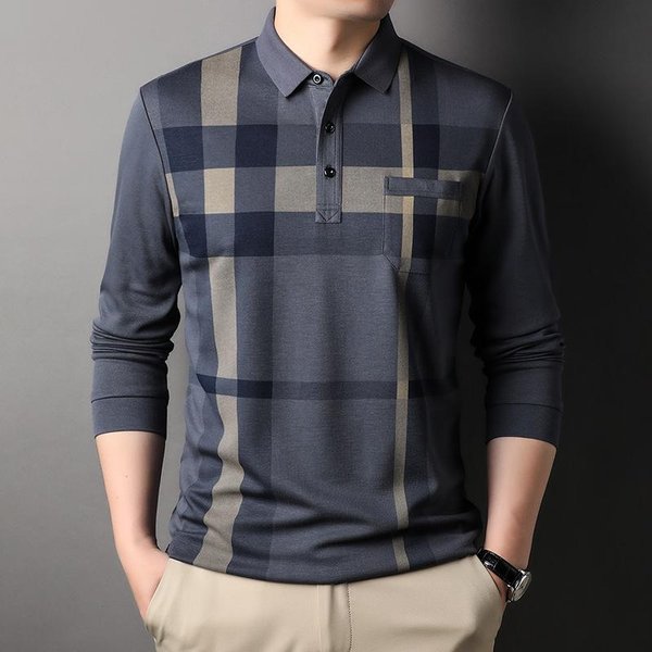 Camiseta Polo De Manga Larga Con Solapa Para Hombre De Primavera Y OtoñO, Cuello A Cuadros, Camiseta BáSica CóModa Y Casual Para Hombre Xxxl Gray-image