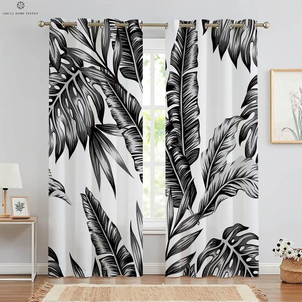 Geometryczne Zielone LiśCie RośLinność Tropikalna ZasłOny Drukowane 3D, Czarno-BiałE, Sypialnia, Salon, Dekoracja Okna W50Xh130(Cm)X2Pcs&Grommet Top-image