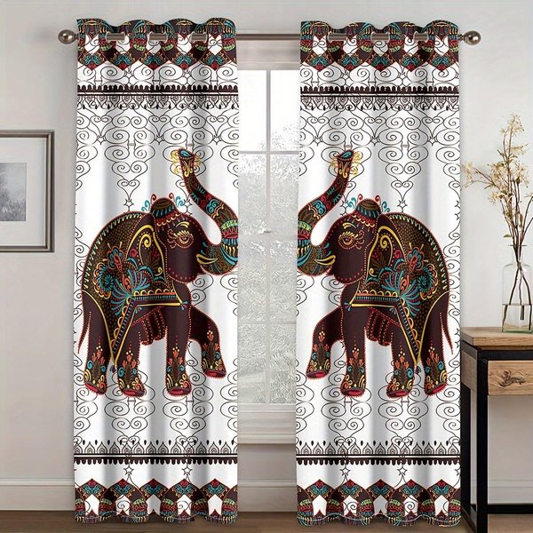 2 Piezas Cortinas Boho, Cortinas De Ventana Hippies Bohemias Indias PatróN De Estampado De Animales Elefante Mandala Cortinas DecoracióN De HabitacióN Bore. 150X166Cm-image