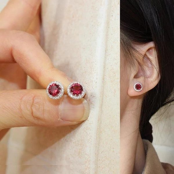 Pendientes De Rubí Natural Para Boda De Mujer Plata De Ley S925 JoyeríA Fina Redondos Verdes/Rojos Diamantes De Lujo Pendientes De Mujer Brincos Merah White-image