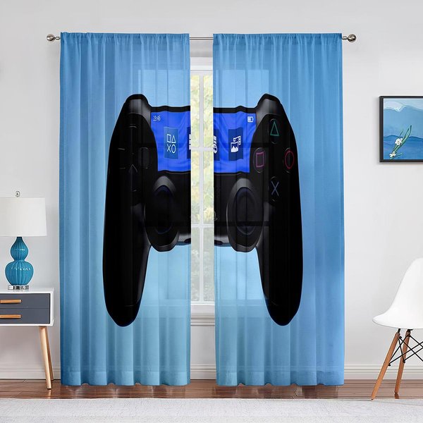 Gamepad Gamer Sheer Voile Curtains Kontroler Gier Wideo Fajne Okna Tiulowe ZasłOny Do Salonu ChłOpcy DziewczęTa WystróJ Sypialni 1 PCS W400Xh250Cm&Rod Pocket-image
