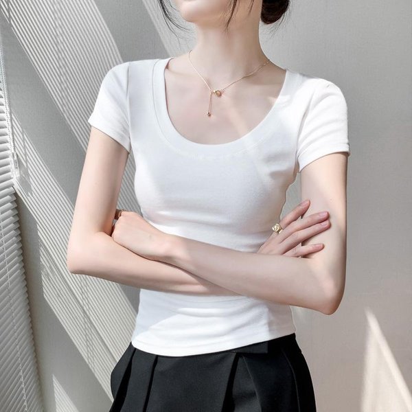 BawełNiany T-Shirt Damski KróTki RęKaw Letni Nowy Seksowny Czysty Dopasowany Top Na Ramię ObcisłA Koszulka Bazowa L White-image