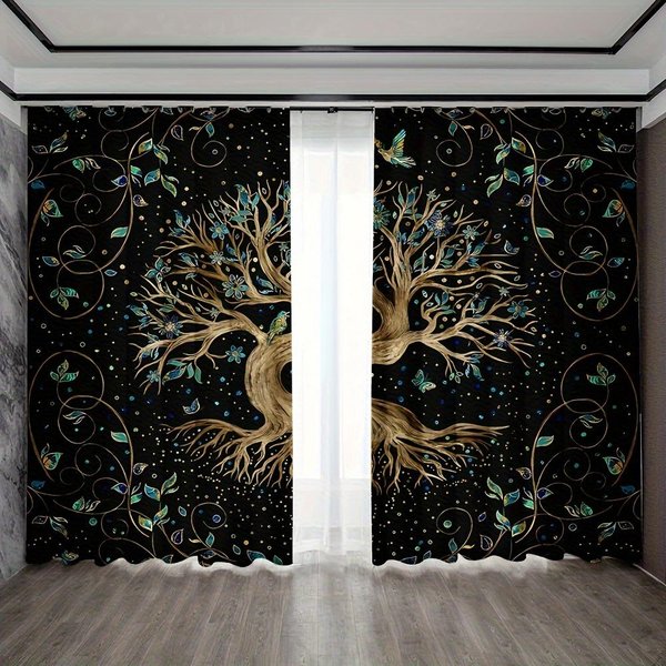 2 Paneles Impresionantes Cielo Estrellado Del Bosque Cortinas De Ventana, Cortina Con Pasador Para Barra DecoracióN Semi Opaca Para Sala De Estar Dormitorio 2X50W100H(Cm)&Rod Pocket-image