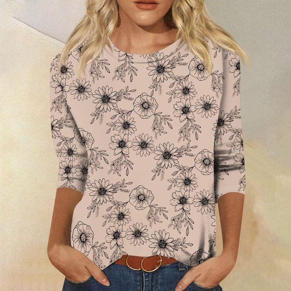 Top Casual Para Mujer Con Cuello Redondo, Manga Tres Cuartos, Estampado Floral, Tejido Ligero Y Suave, Ajuste CóModo XXL-image