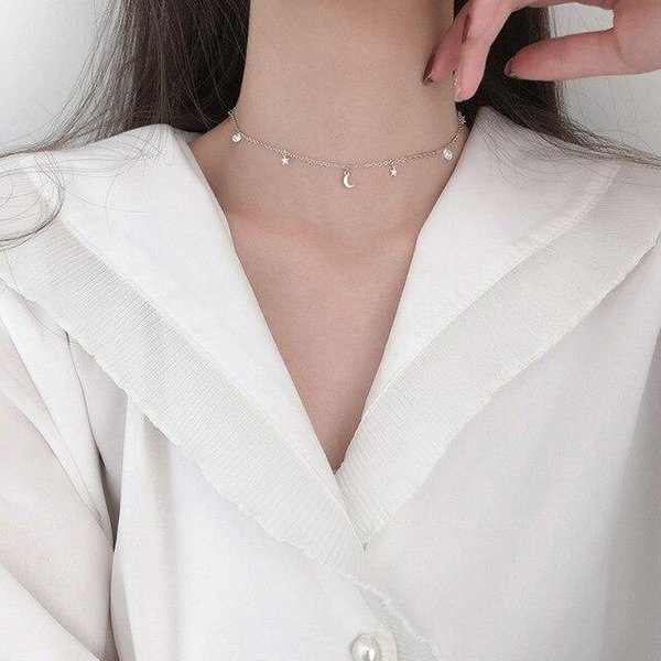 Collar De Luna Y Estrella De Plata De Ley 925 Para Mujer Cadena Para ClavíCula JoyeríA Dulce Linda Regalos De Fiesta Gray-image