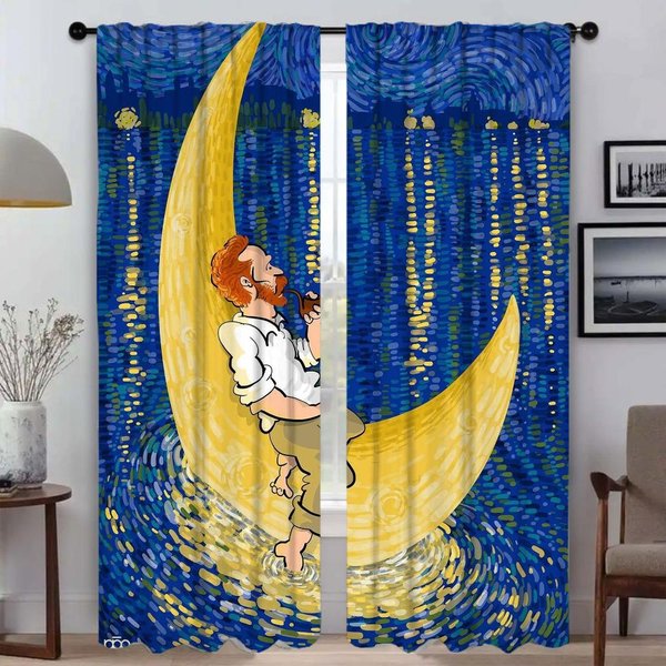 ZaciemniająCe ZasłOny Kuchenne Do Salonu ZasłOna Van Gogh ZasłOny Do WnęTrza Domu 2 Sztuki Rolety Przegroda Tiul Do Sypialni W50Xh70Cmx2Pcs-Cl Yellow-image