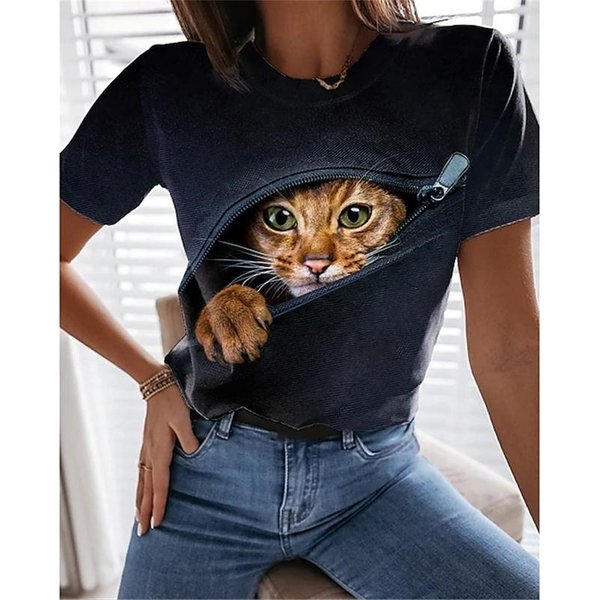 Camiseta De Gato Kawaii Impresa En 3D Para Mujer Camisetas GráFicas De Animales Divertidas Verano Casual Cuello Redondo Tops Manga Corta Camisetas Sueltas 6XL Black-image