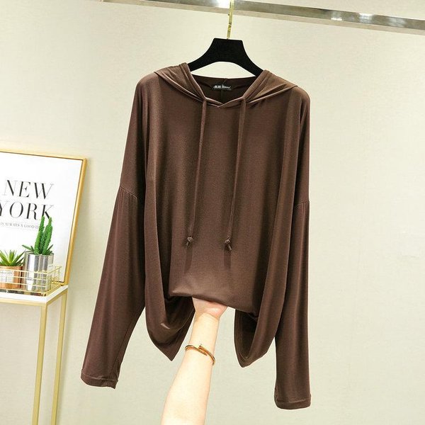 Damski Casualowy Oversizowy Modalowy T-Shirt Z DłUgim RęKawem I Kapturem - WyszczuplająCy, Cienki, Wiosenny Top Z Filtrem PrzeciwsłOnecznym Extra Large Brown-image