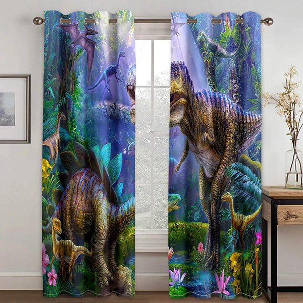 Cortina Dibujo Dinosaurio Alta Sombreado ImpresióN Digital 3D Dormitorio HabitacióN Infantil Sala De Estar Opaca Para Ventana Varios DiseñOs W55 X H120Cm X 2&Grommet Top-image