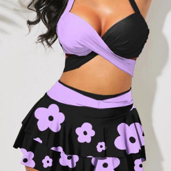 Damskie Bikini Z Wysokim Stanem Falbanki DużE Rozmiary Kostium KąPielowy Push Up Stroje KąPielowe Z Nadrukiem StróJ KąPielowy Damski Zestaw Bikini Damskie Stroje KąPielowe EMA 2XL-image