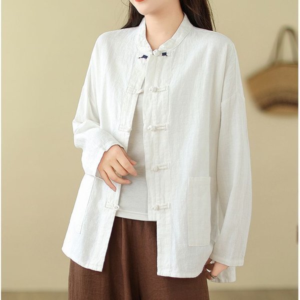 Ropa De Tai Chi De Alta Gama Para Mujer Estilo Chino Camisa De Botones Ajuste Holgado Pantalones Largos Top Para Estudio Zen S Blanco-image
