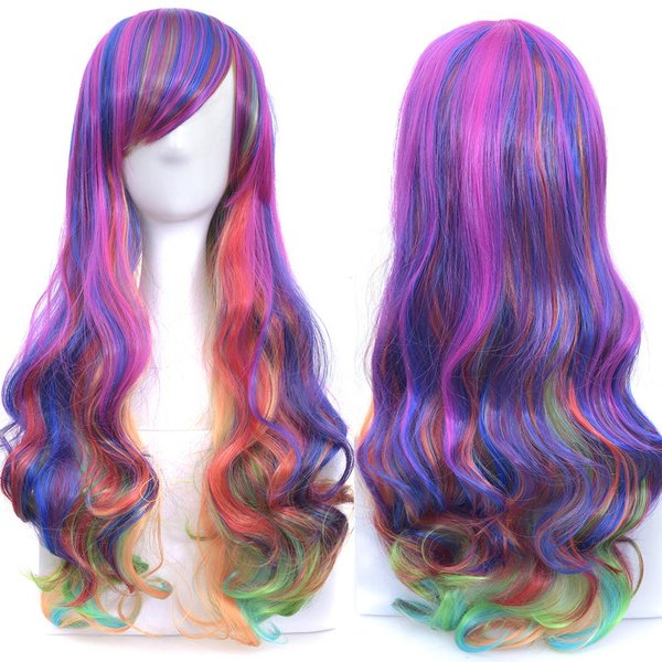 Soowee Syntetyczne WłOsy Ombre TęCzowa Peruka Cosplay Z Grzywką Czerwona ŻółTa Fioletowa Zielona Niebieska Peruki Dla Czarnych Kobiet 28Inches-image