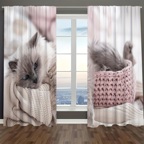 2PCS Cortinas De Ventana Cortinas Con Estampado De Gato Animal Lindo Se Pueden Personalizar Cortinas Para Sala De Estar Cocina Y Dormitorio W50Xh140(Cm)X2Pcs&Grommet Top-image