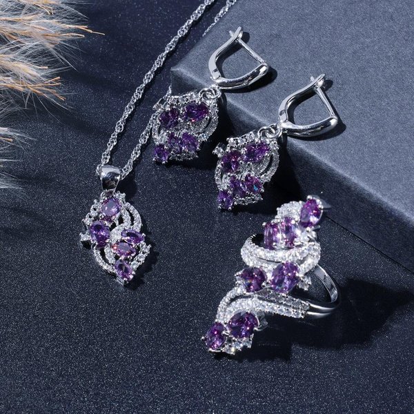 Elegante Conjunto De Joyas De Circonita Morada Para Mujer: Incluye Pulsera, Pendientes, Collar Y Anillo, Perfecto Para Uso Diario Y Para Regalar. 9 Gray-image