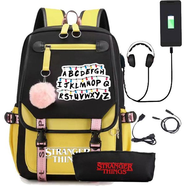 Mochila Stranger Things Stranger Con Carga USB Para Estudiante De Secundaria Bolso Escolar Estuche Dos Piezas One Size Fits All-image