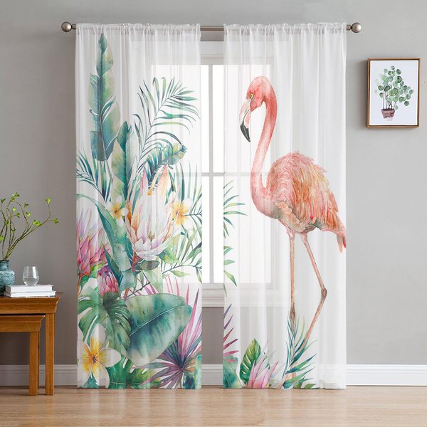 Cortinas Visillo Transparentes Tropicales Hoja Tortuga Flamenco Para Ventana De Sala De Estar Cortinas De Gasa Tul Cocina Dormitorio DecoracióN Del Hogar 135W X 114H(Cm) White-image