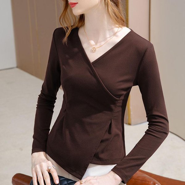Camiseta BáSica De Cuello En V Para Mujer Nueva Camiseta De AlgodóN De Manga Larga Con Cuello Cruzado Para Mujer DiseñO Irregular Top De Nicho 2XL-image