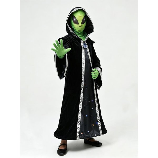 Kostium Cosplay Dla DorosłYch I Dzieci Obcy Czarodziej Peleryna Z Kapturem Niebo Gwiezdne Zielone RęKawiczki Siatkowa Maska Idealny Na Imprezy Halloweenowe Kosmiczna Przygoda L Black-image